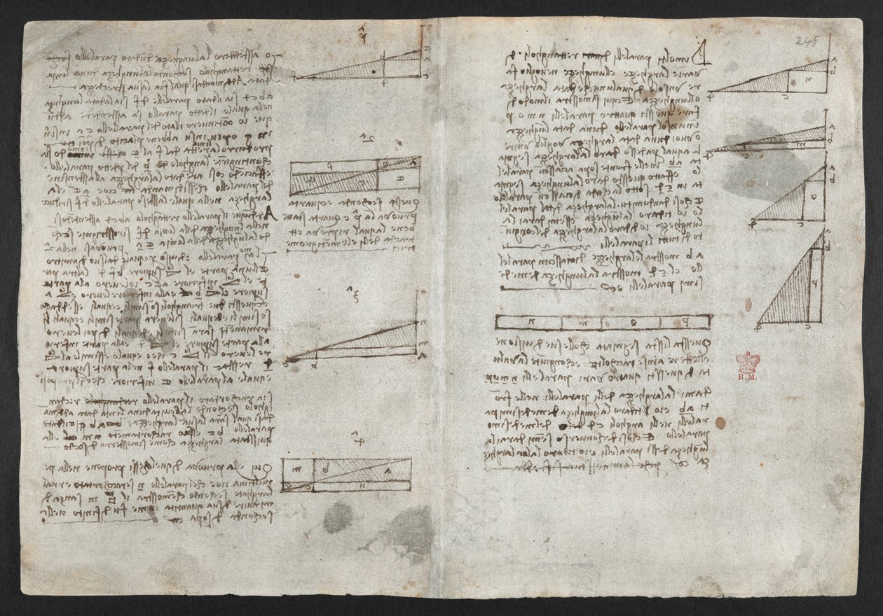 Zeichnungen zu mechanischen Kräften und Kräften, Aufprall, Schwerkraft, Bewegung, Optik und Astronomie, mit verschiedenen arithmetischen und geometrischen Propositionen, Illustration aus Leonardos 