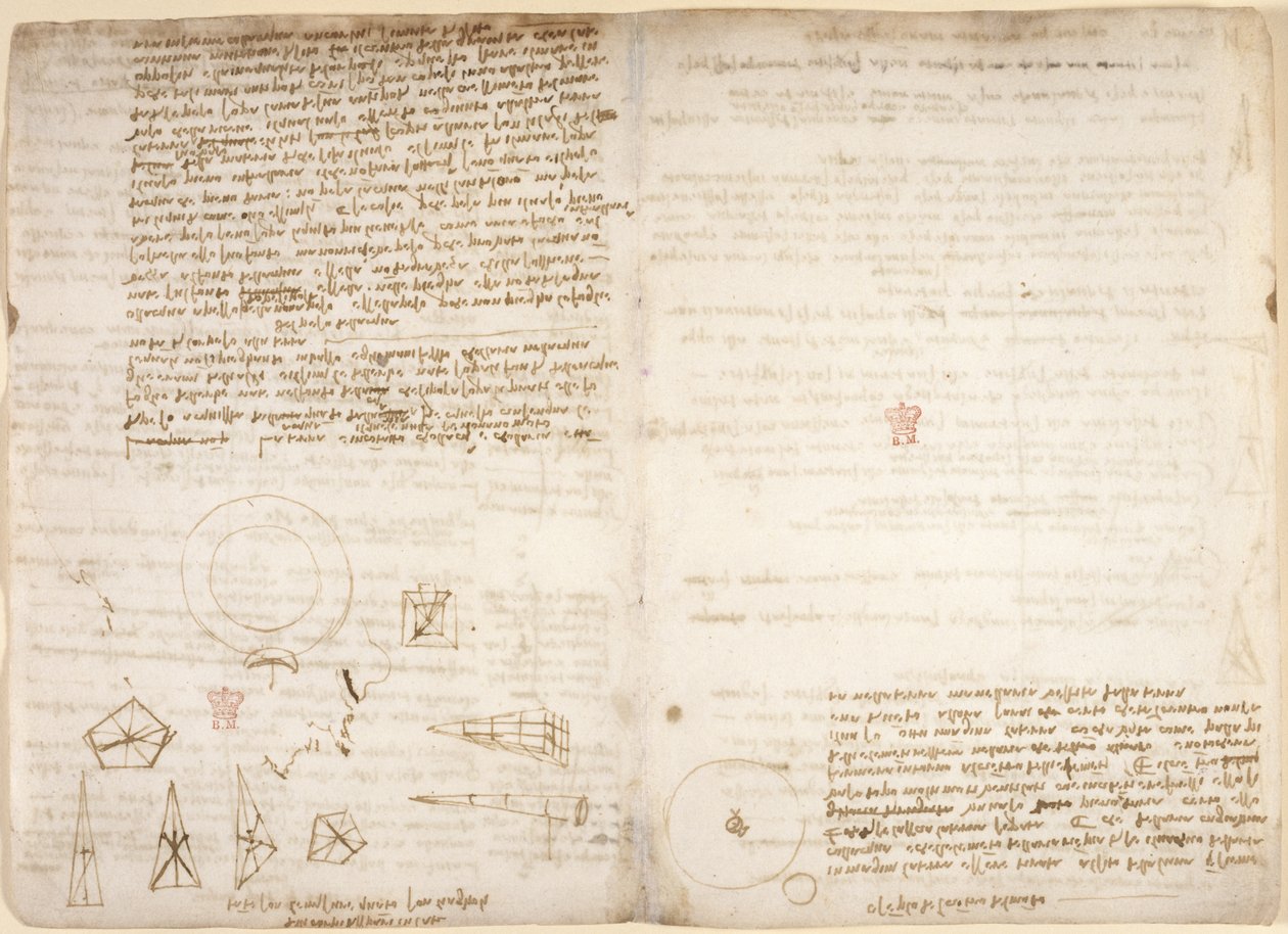 Notizen zur Kosmologie (auf dem Kopf); Diagramme zu Leonardos Beobachtungen zum Schwerpunkt aus dem 