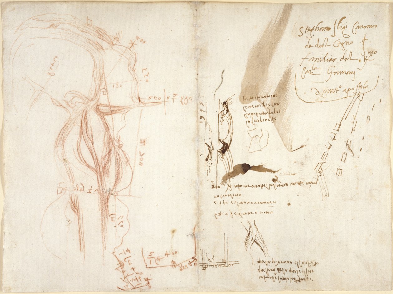 Planimetrische Skizze des Flusses Arno; Notizen zu Entfernungen und Richtungen von Leonardo da Vinci