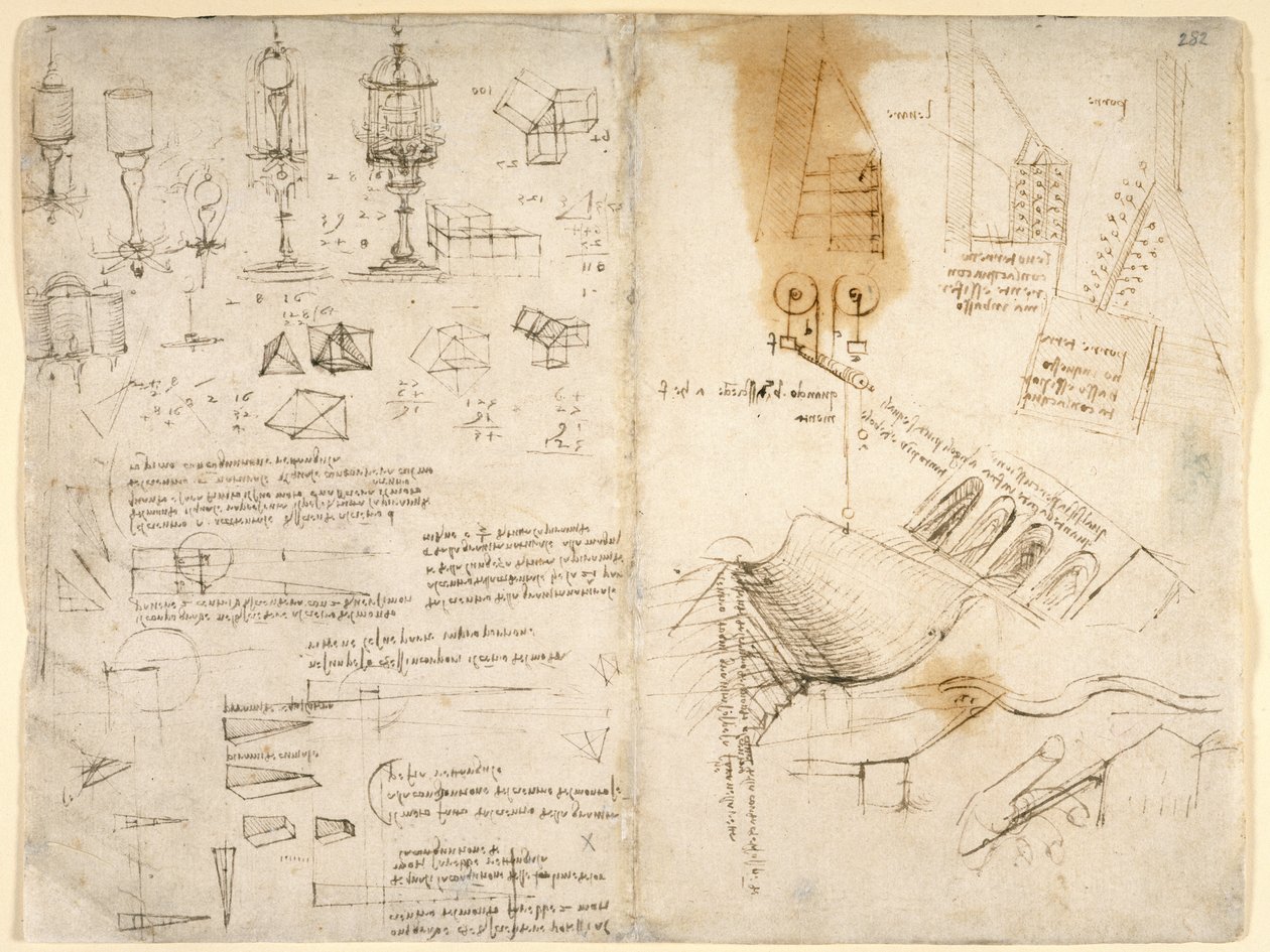 Skizzen von Scharnierlampen; Notizen zur Mechanik; mathematische Berechnungen; geometrische Skizzen von Leonardo da Vinci