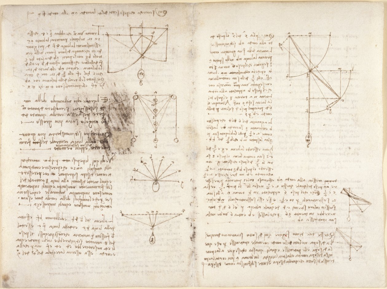 Notizen und Diagramme zur Mechanik von Leonardo da Vinci