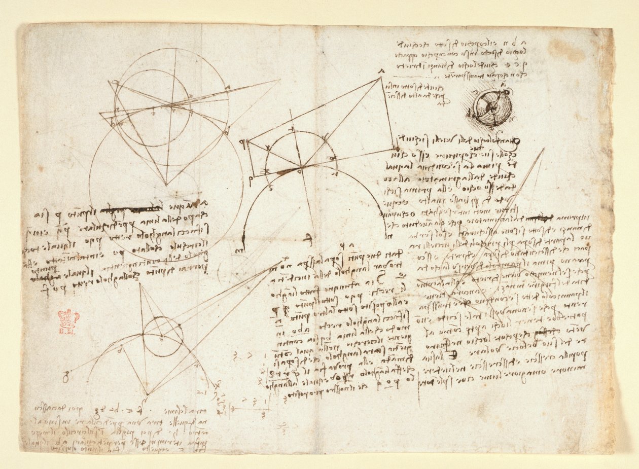 Die Rückseite eines einzelnen großen Blattes, ehemals entlang des rechten Randes gebunden und in das Notizbuch gefaltet. Notizen und Diagramme zur Optik, betreffend Alhazens Problem; schematische Skizze eines Augapfels begleitet von Notizen zu L von Leonardo da Vinci