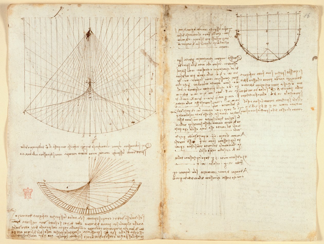 Notizen und Diagramm zur Optik, betreffend die Kaustik der Reflexion, ca. 1503-5 von Leonardo da Vinci