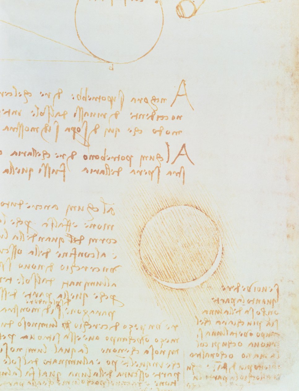 Detail von fol. 2r, aus dem Codex Leicester, zeigt die äußere Leuchtkraft des Mondes von Leonardo da Vinci