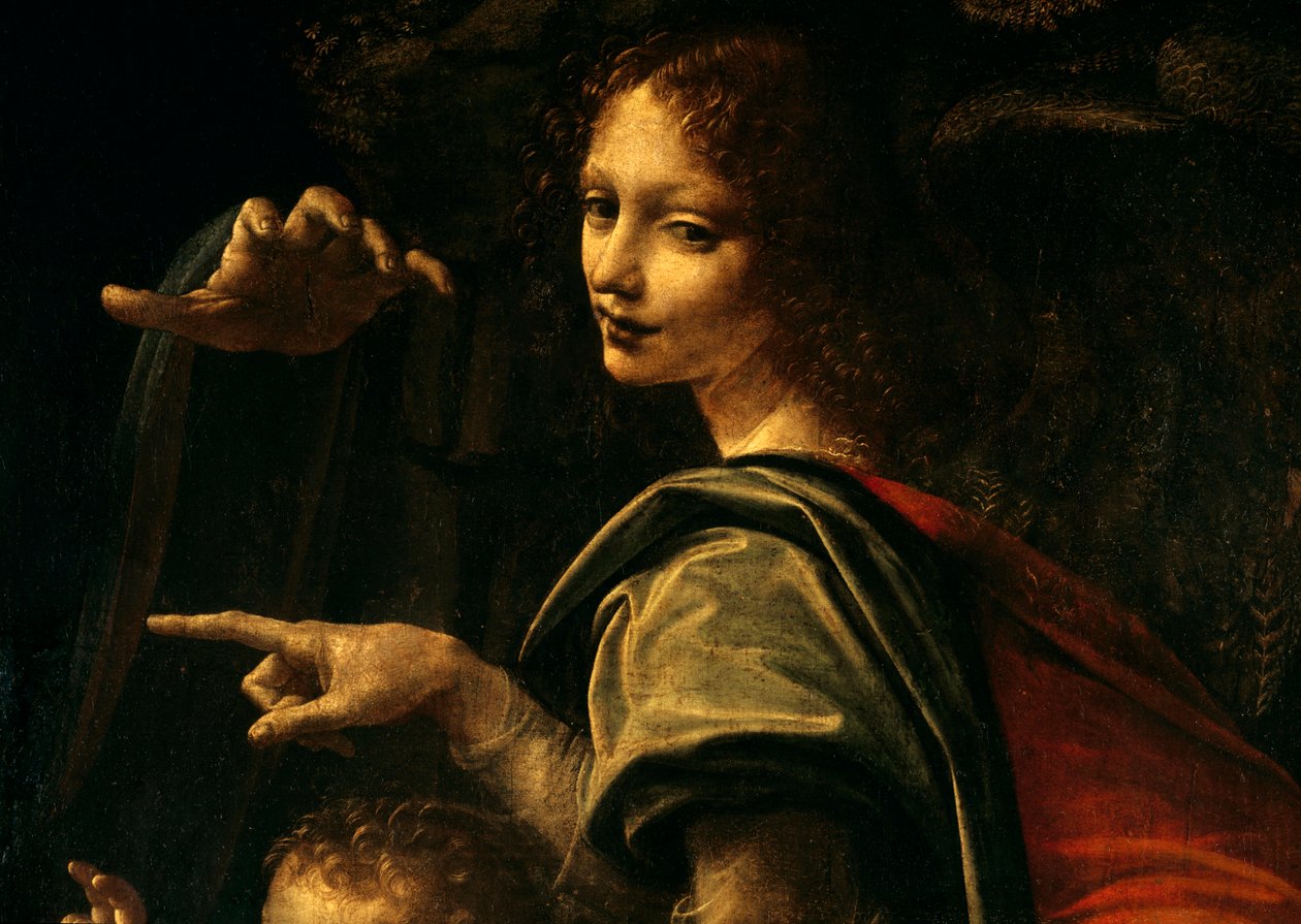 Detail der Jungfrau mit Felsen, Johannes der Täufer zeigt mit dem Finger und Hand der Jungfrau Maria von Leonardo da Vinci