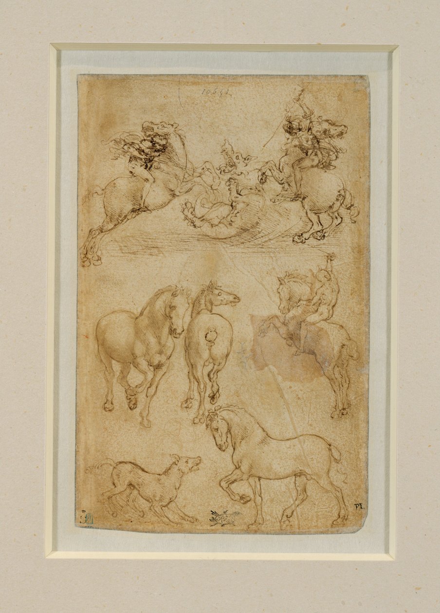 Zwei Reiter kämpfen gegen einen Drachen; ein Reiter und zwei Pferde; ein Hund und ein Pferd von Leonardo da Vinci