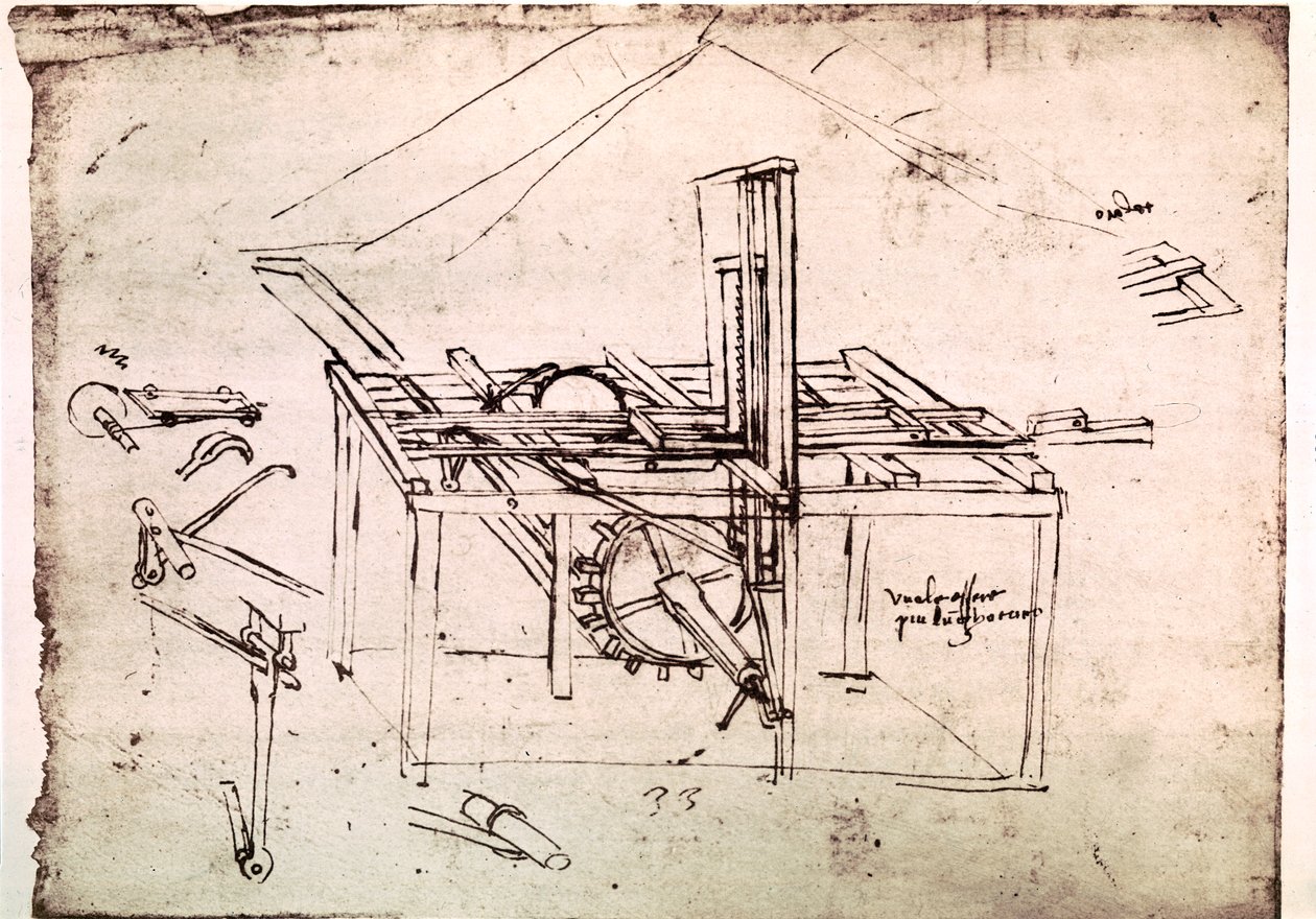 Auszug aus einem Da Vinci Manuskript über die Konstruktion einer hydraulischen Säge mit automatischem Vorschub von Leonardo da Vinci
