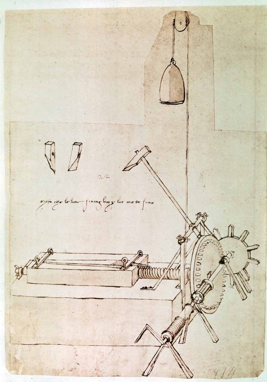 Auszug aus einem Da Vinci Manuskript über das Prinzip und den Bau einer "Maschine zum Feilen von Dateien" von Leonardo da Vinci