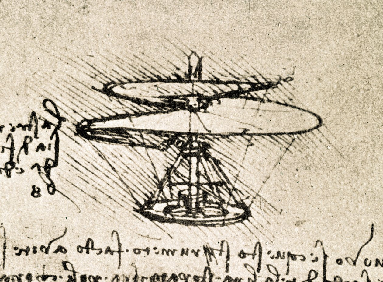 Auszug aus einem Da Vinci Manuskript über das Prinzip und den Bau der "Luftschraube (Hubschrauber)" von Leonardo da Vinci