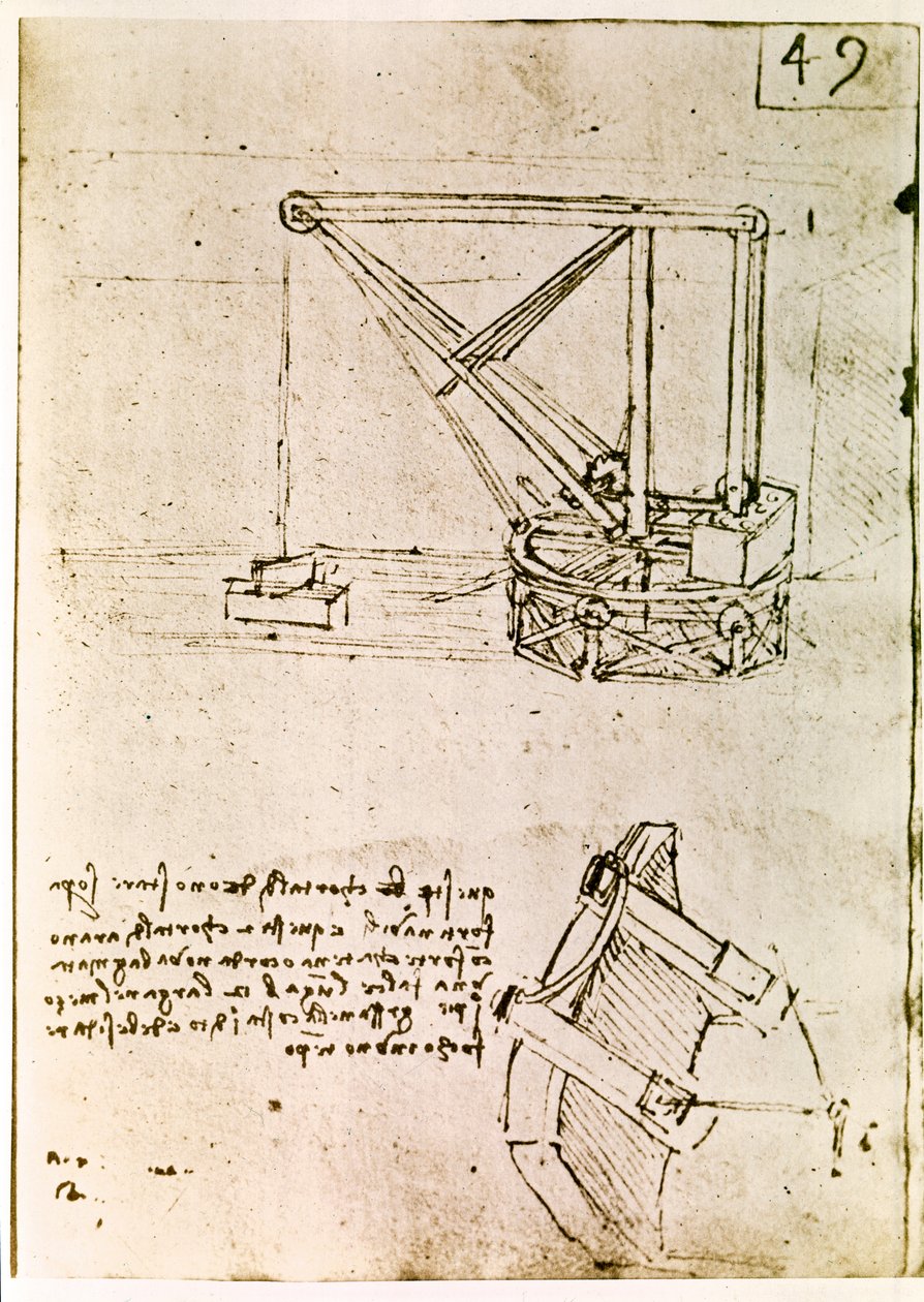 Auszug aus einem Da Vinci Manuskript, das das Prinzip und den Bau eines „Drehkrans“ beschreibt von Leonardo da Vinci