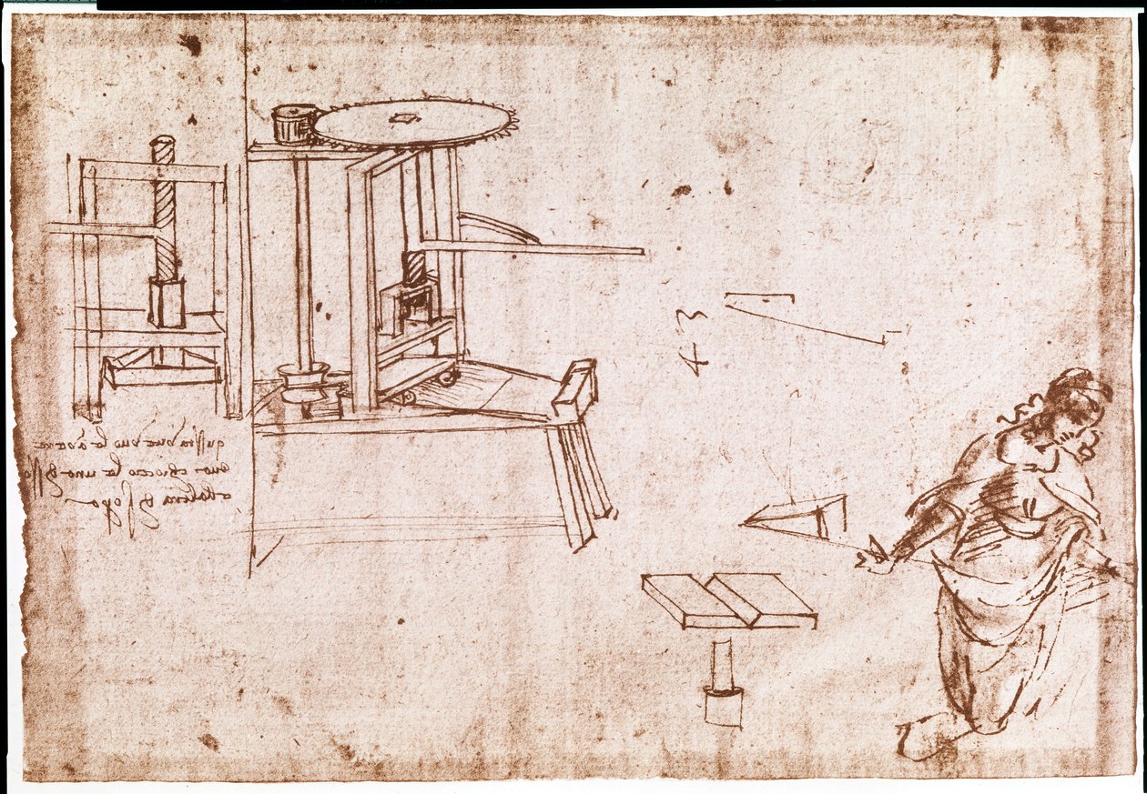 Auszug aus einem Da Vinci Manuskript über die Konstruktion einer Druckmaschine von Leonardo da Vinci