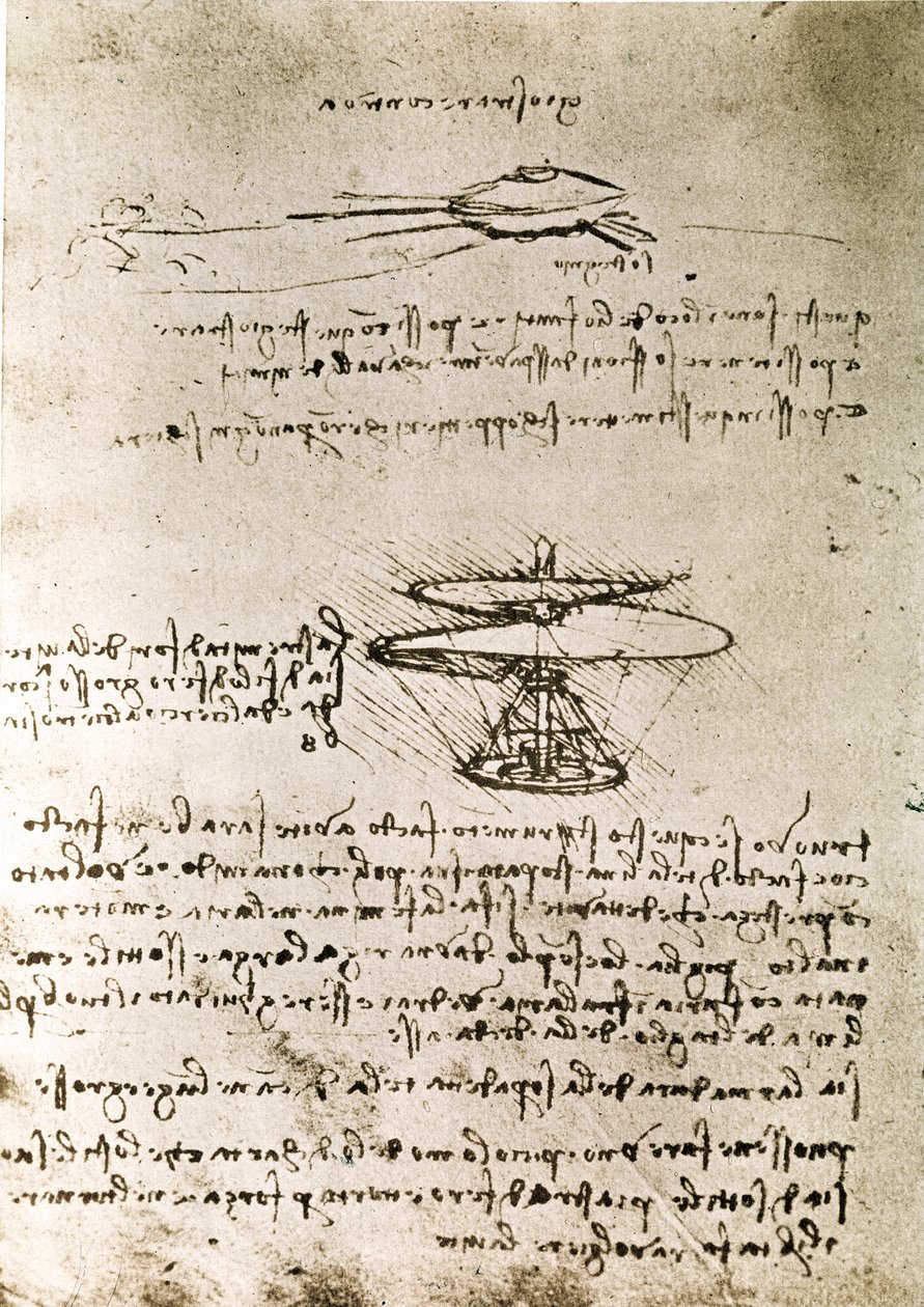 Auszug aus einem Da Vinci Manuskript über die Konstruktion einer Luftschraube (Hubschrauber) von Leonardo da Vinci