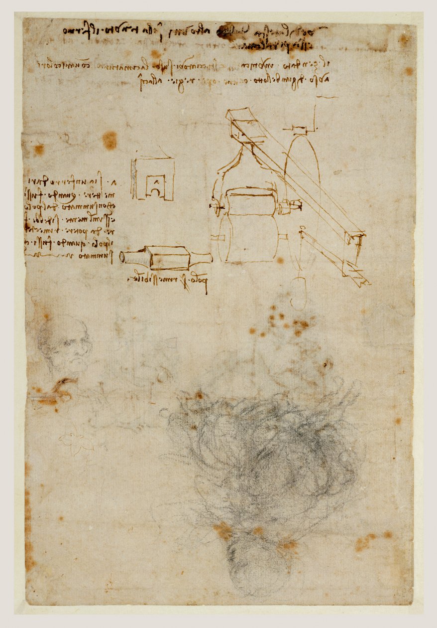 Kopf eines alten Mannes und Studien von Maschinen, ca. 1503-06 (schwarze Kreide, Feder und braune Tinte) von Leonardo da Vinci