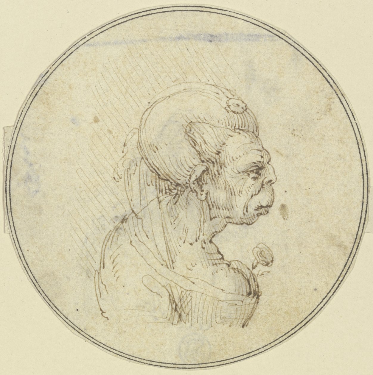 Karikatur einer alten Frau, Brustbild mit einer Rose im Busen, im Profil nach rechts von Leonardo da Vinci