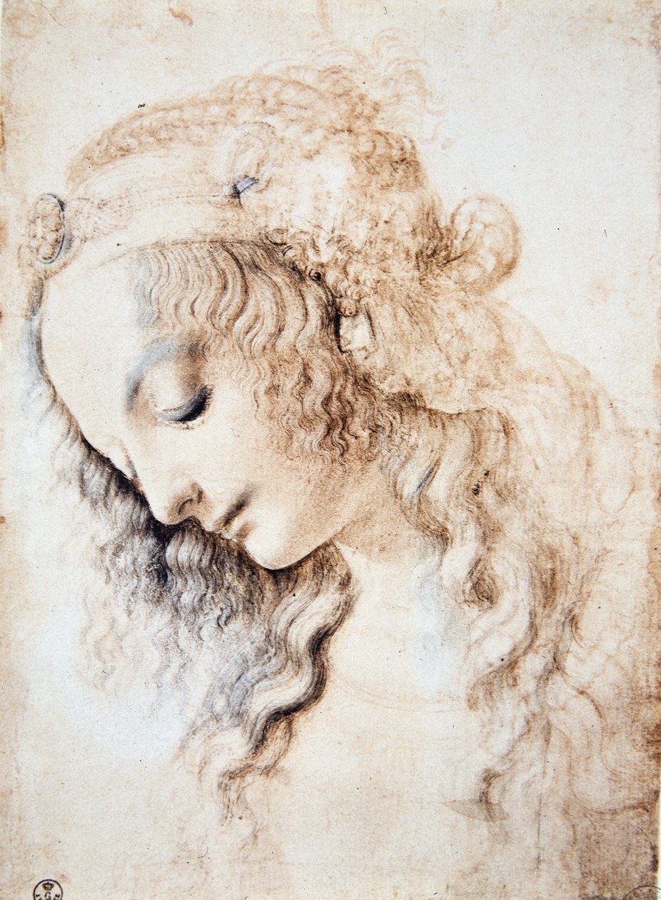 Porträt eines Mädchens mit geschlossenen Augen und gesenktem Kopf, mit einem mit Schmuck verzierten Band im Haar (Immagina) von Leonardo da Vinci