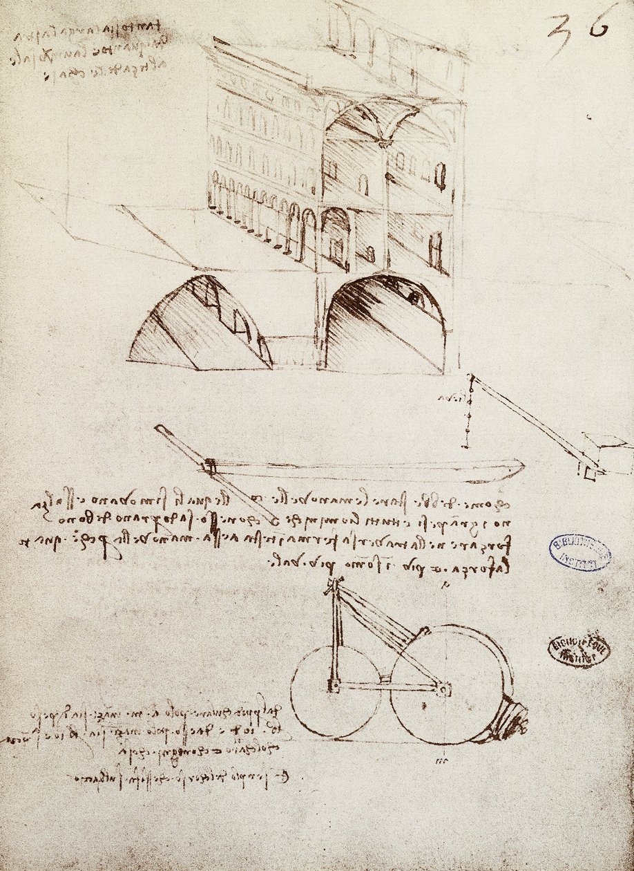 Manuskript B, f 36 r Architektonische Studien, Entwicklung und Schnitte von Gebäuden in einer Stadt mit erhöhten Straßen von Leonardo da Vinci