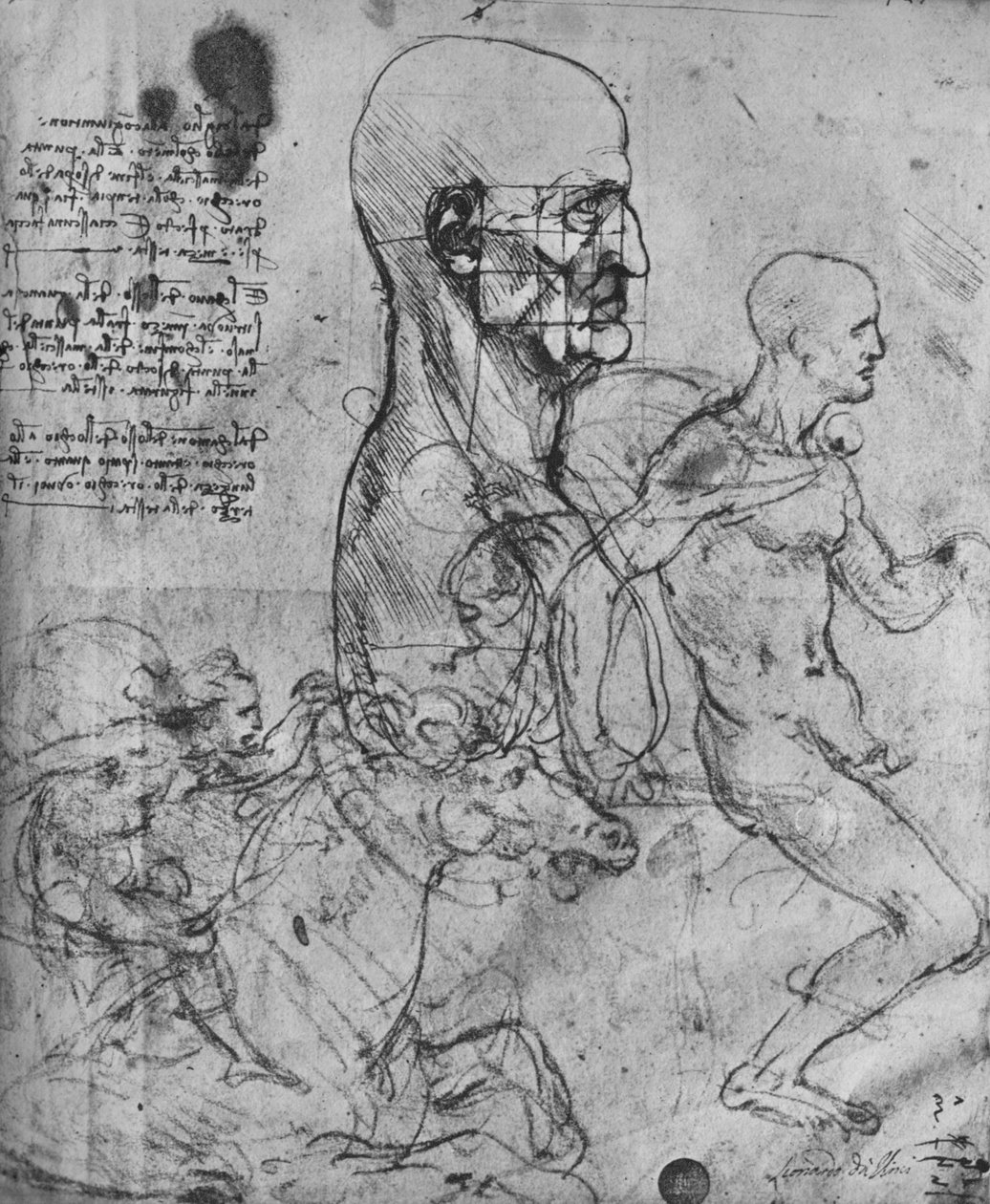 Profil eines Mannes, quadratisch für Proportionen und Studien von Reitern, um 1480, 1945 von Leonardo da Vinci
