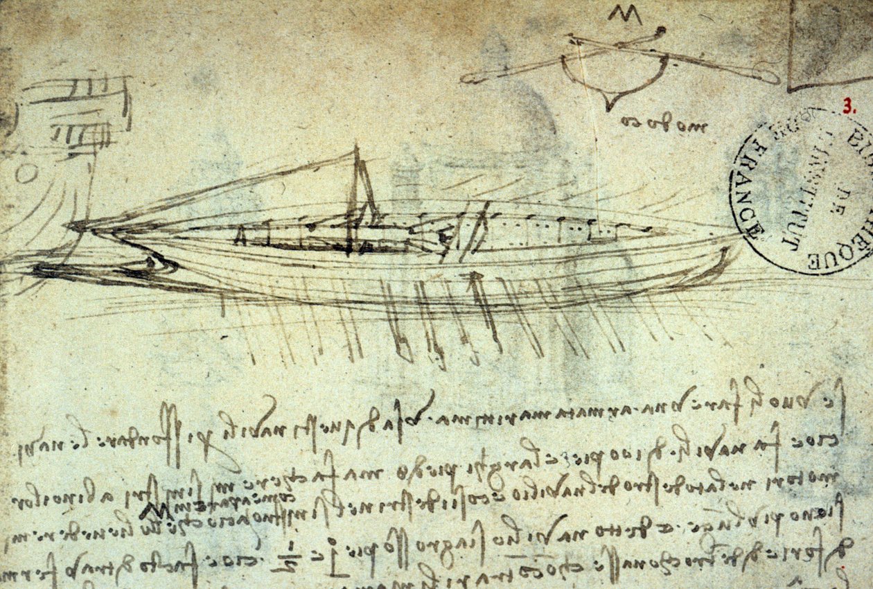 Studie eines Bootes mit einer Reihe von Rudern von Leonardo da Vinci (1452 - 1519). Zeichnung mit Feder und Tinte. Manuskript. Bibliothek des Institut de France. Paris. von Leonardo da Vinci