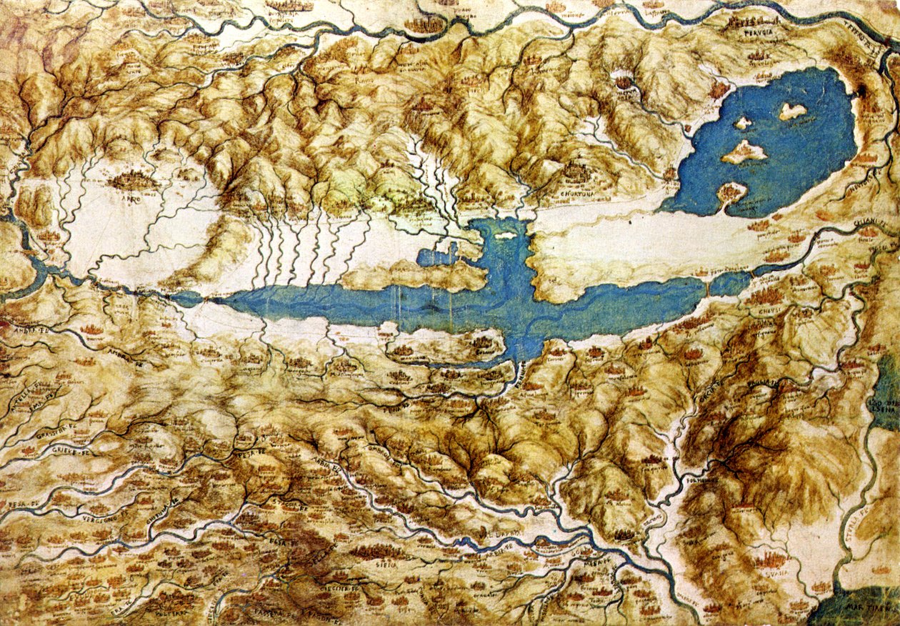 Topografische Ansicht der Landschaft um die Ebene von Arezzo und das Val di Chiana, frühes 16. Jahrhundert von Leonardo da Vinci