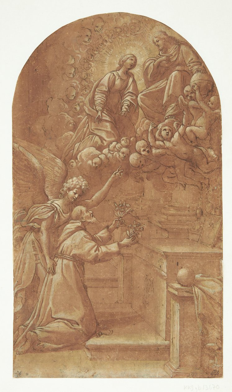 Ein kniender Franziskaner (Franz von Assisi?), der von einem Engel gestützt wird, reicht mit beiden Händen Blumen dem thronenden Christus, der von Engeln getragen wird und mit Maria an seiner Seite von Leonello Spada