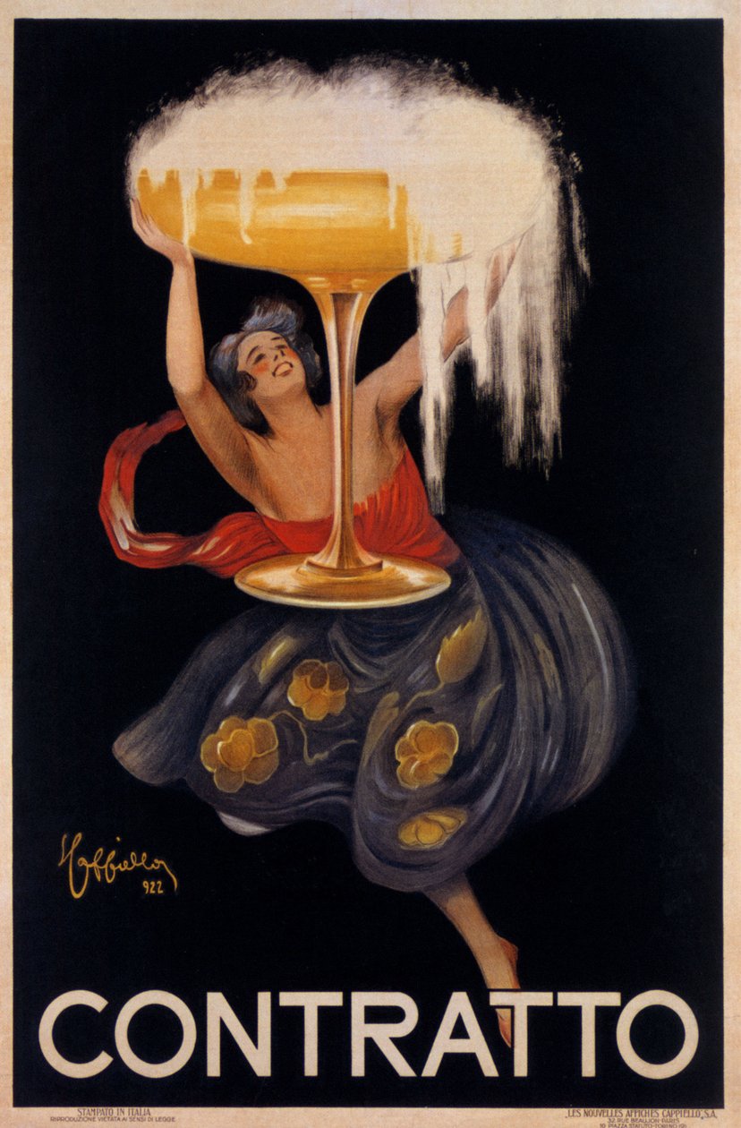 Werbeplakat für den Sekt „Contratto“: eine kleine Fee, ein Elf, der eine riesige Tasse hebt. Illustration von Leonetto Cappiello (1875-1942) 1922 von Leonetto Cappiello