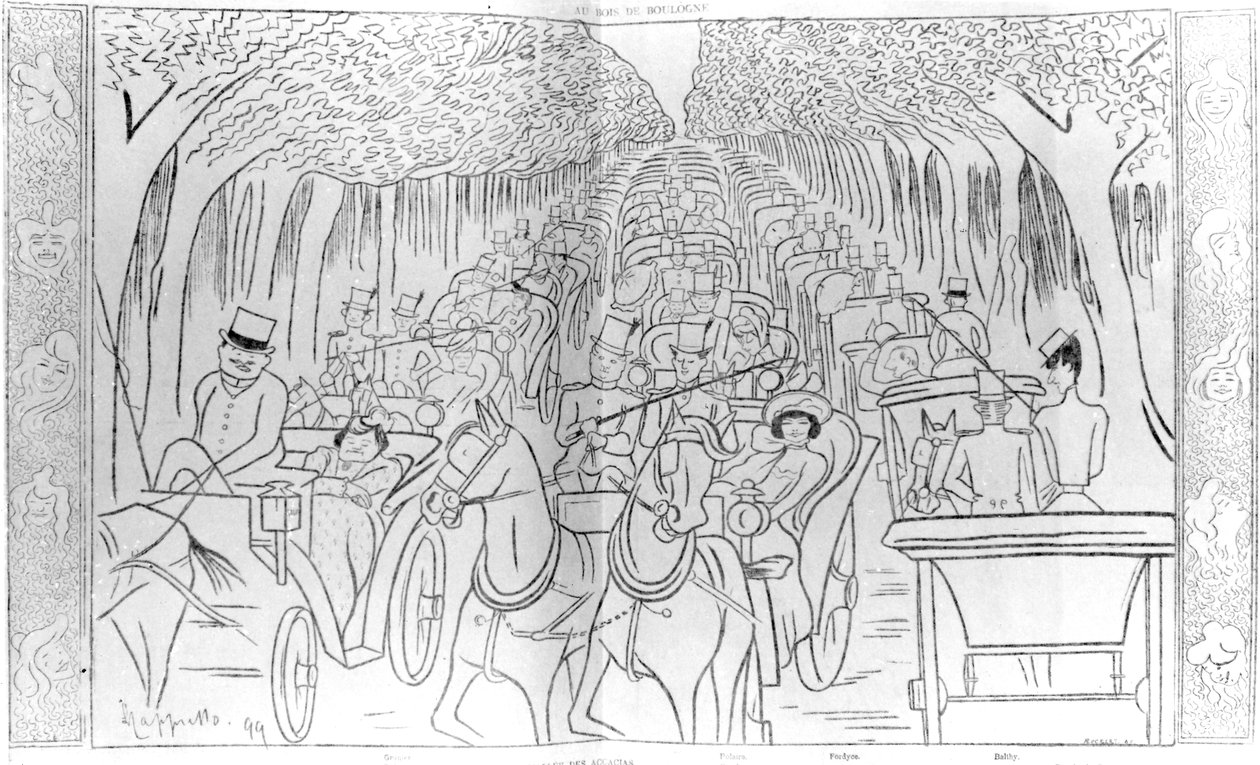 Bühnen-, Musik- und Opernstars der Belle Époque, fahren im Bois de Boulogne, Avenue des Acacias, Paris, humorvolle Karikatur aus der Zeitschrift 