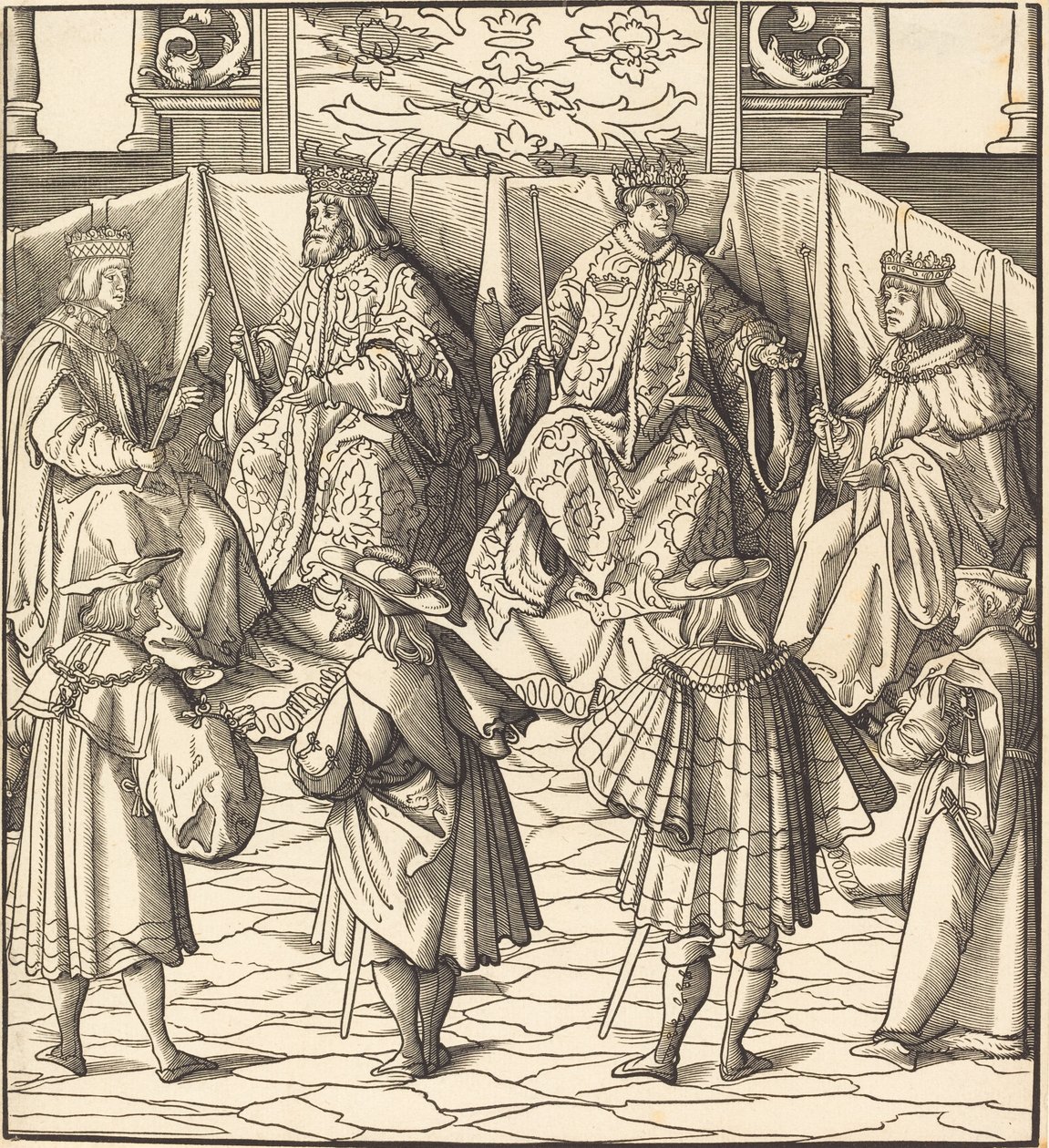Versammlung von vier Königen, im Vordergrund vier Männer von Leonhard Beck