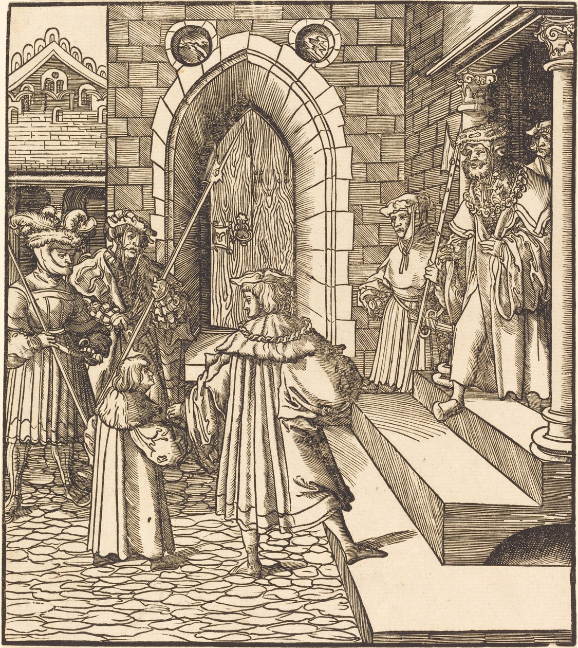 Drei Männer und ein Junge im Hof eines Schlosses, rechts drei Männer auf einer Treppe von Leonhard Beck