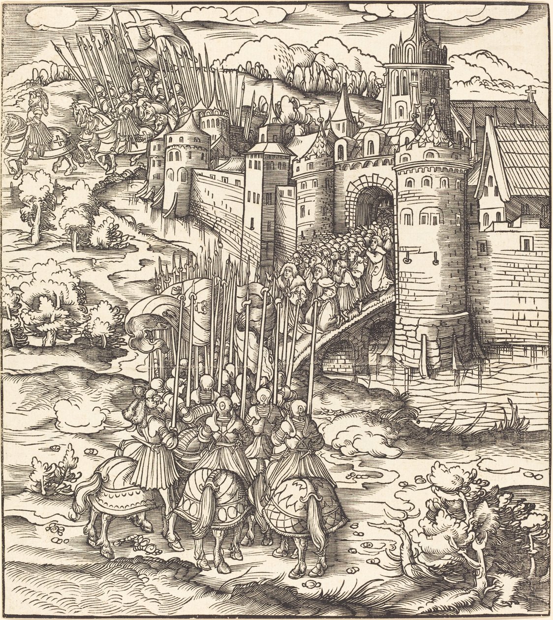 Verschiedene Männer, die auf einer Brücke vor einer Stadt knien von Leonhard Beck