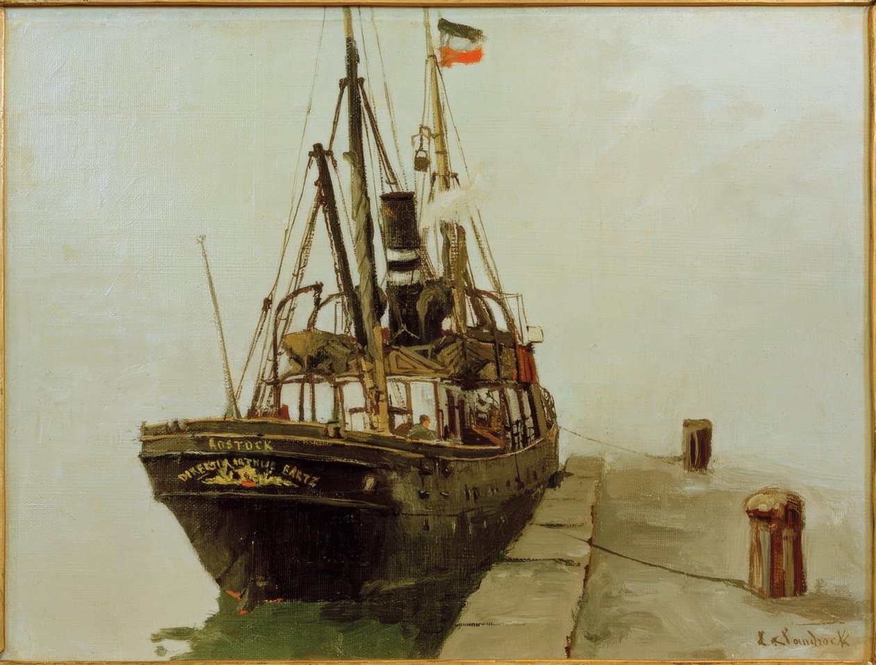 Pfeifender Dampfer mit Hilfsbesegelung Rostock Direktor A von Leonhard Sandrock