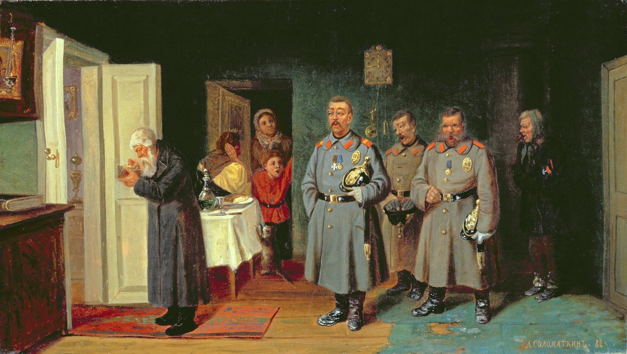Polizisten singen Weihnachtslieder, 1867 von Leonid Ivanovich Solomatkin
