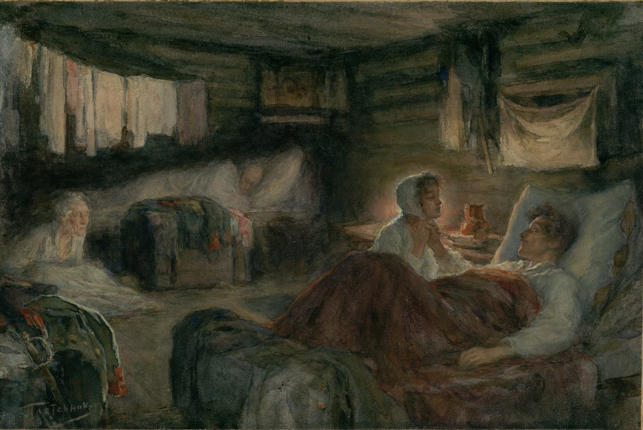 Natascha und der verwundete Prinz Andrei in Mytischtschi. Illustration für den Roman Krieg und Frieden von Leonid Osipovich Pasternak