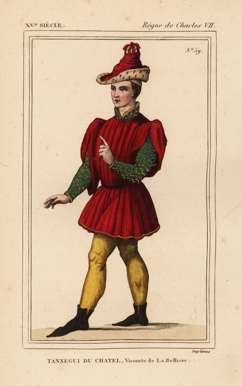 Tanneguy IV du Chatel, Vicomte de la Belliere, Großmeister des Hotels von Franz II., Herzog der Bretagne, gest. 1477. Handkolorierte Lithographie nach einer Figur in einem Wandteppich, der Esther und Mordechai darstellt, in Roger de Gaignieres