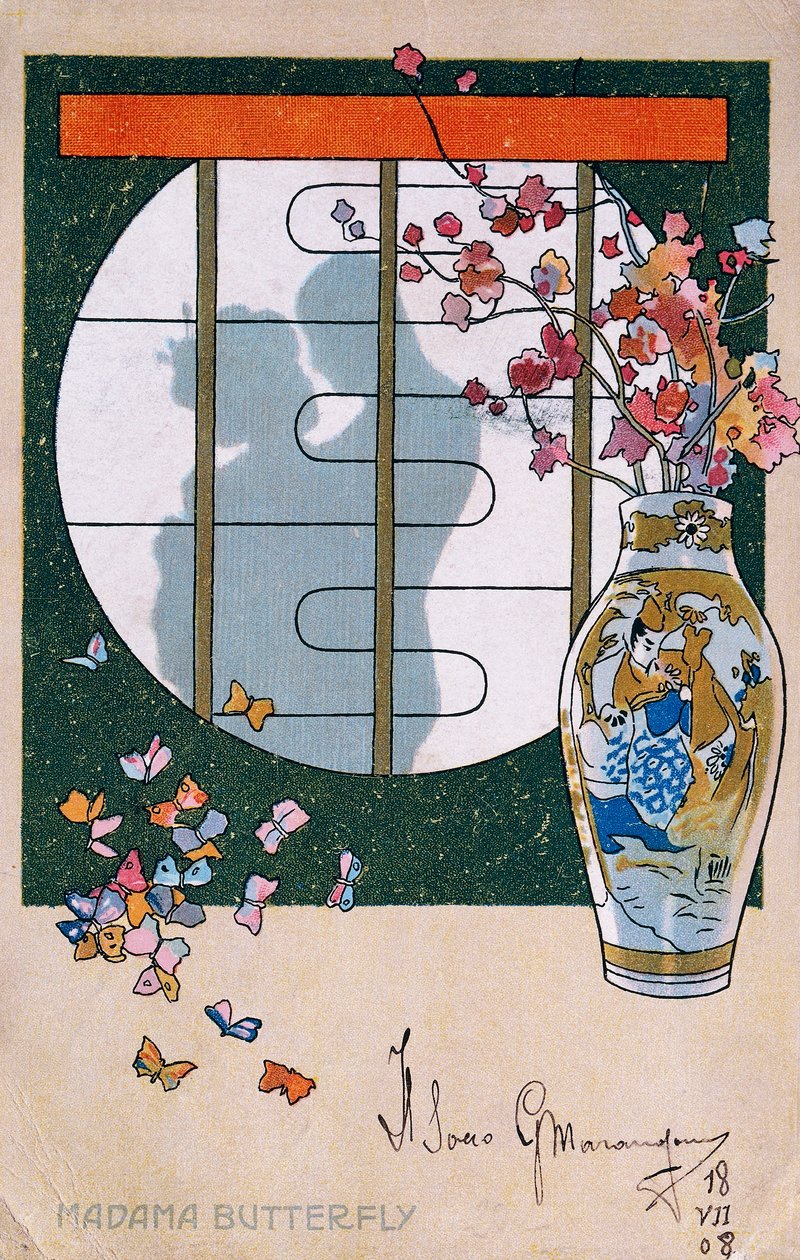Postkarte zur Premiere von "Madame Butterfly" in Brescia von Leopoldo Metlicovitz