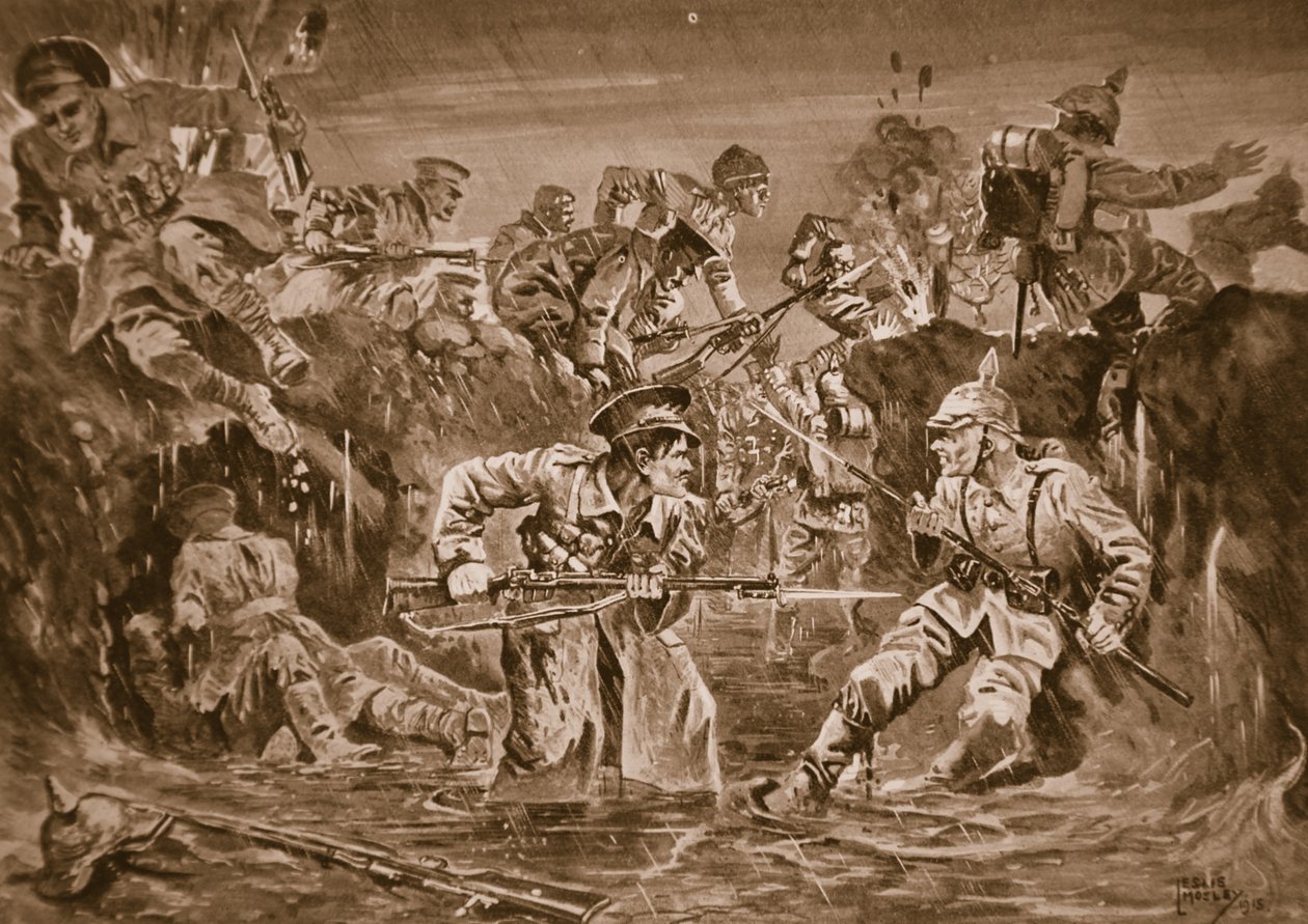 Britische Truppen unter dem Befehl von Major Borrett, die einen von ihnen vom Feind eroberten Graben bei Zillebeke zurückerobern von Leslie Mosley