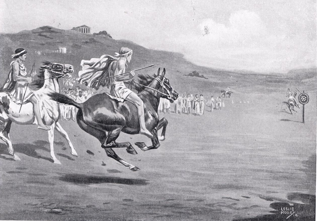 Griechische Reiter werfen den Speer, Illustration aus 