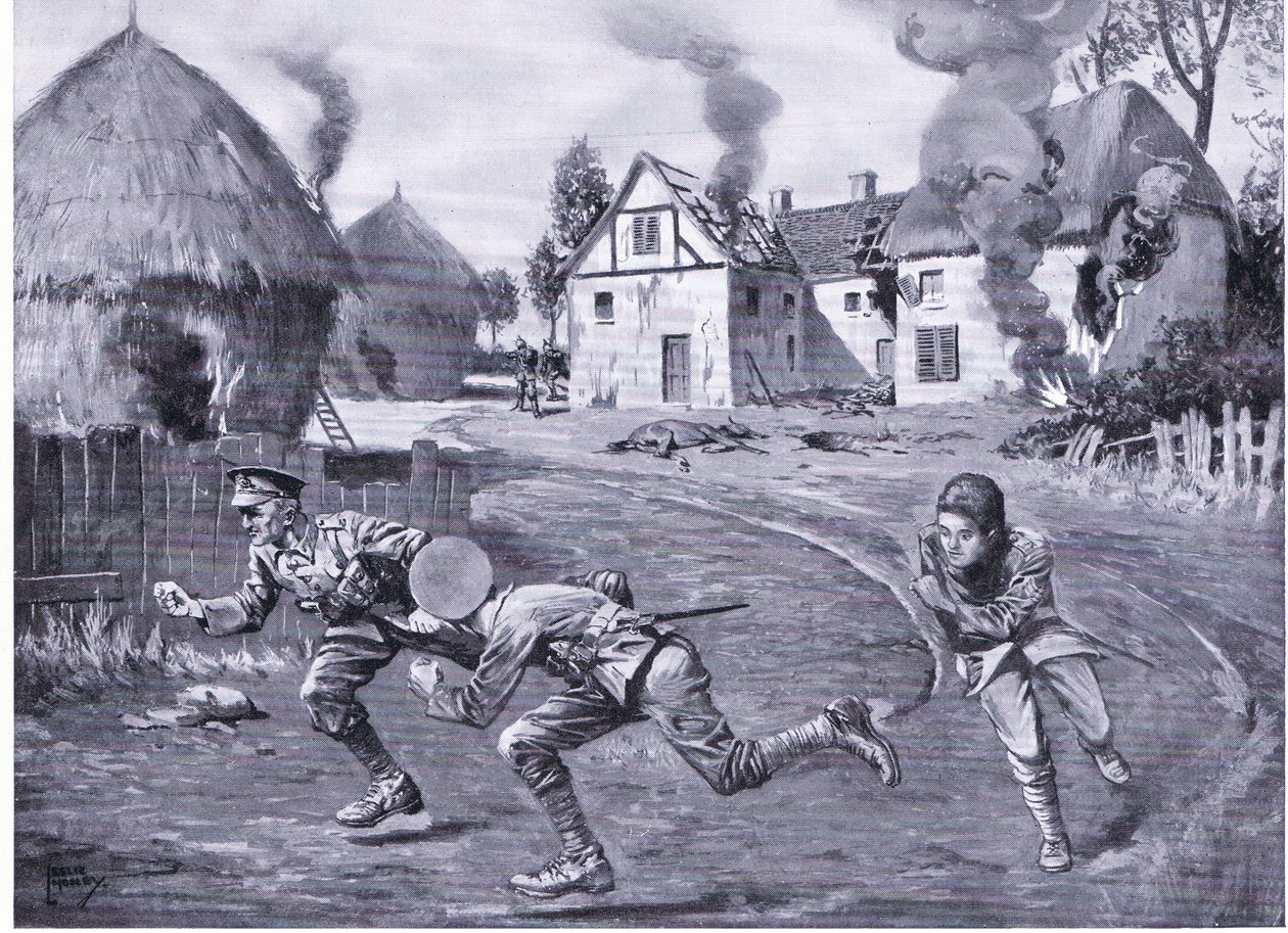Sergeant Cooper und zwei Kameraden rennen unter feindlichem Feuer davon, nachdem sie ein Bauernhaus und mehrere Heuhaufen in Brand gesetzt haben von Leslie Mosley