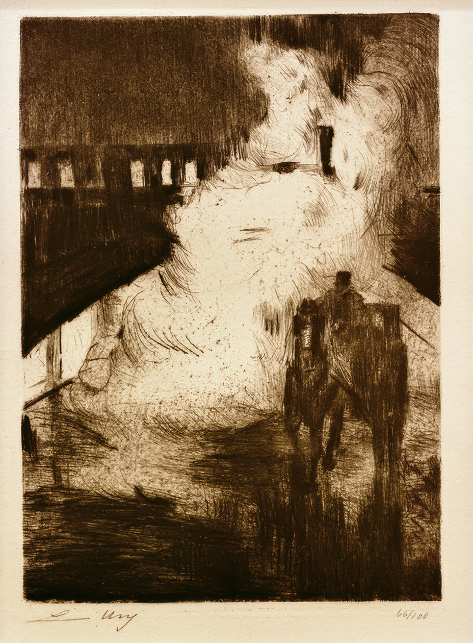 L. Ury, Nächtliche Impressionen (mit Droschke vor Lokomotivendampf) von Lesser Ury