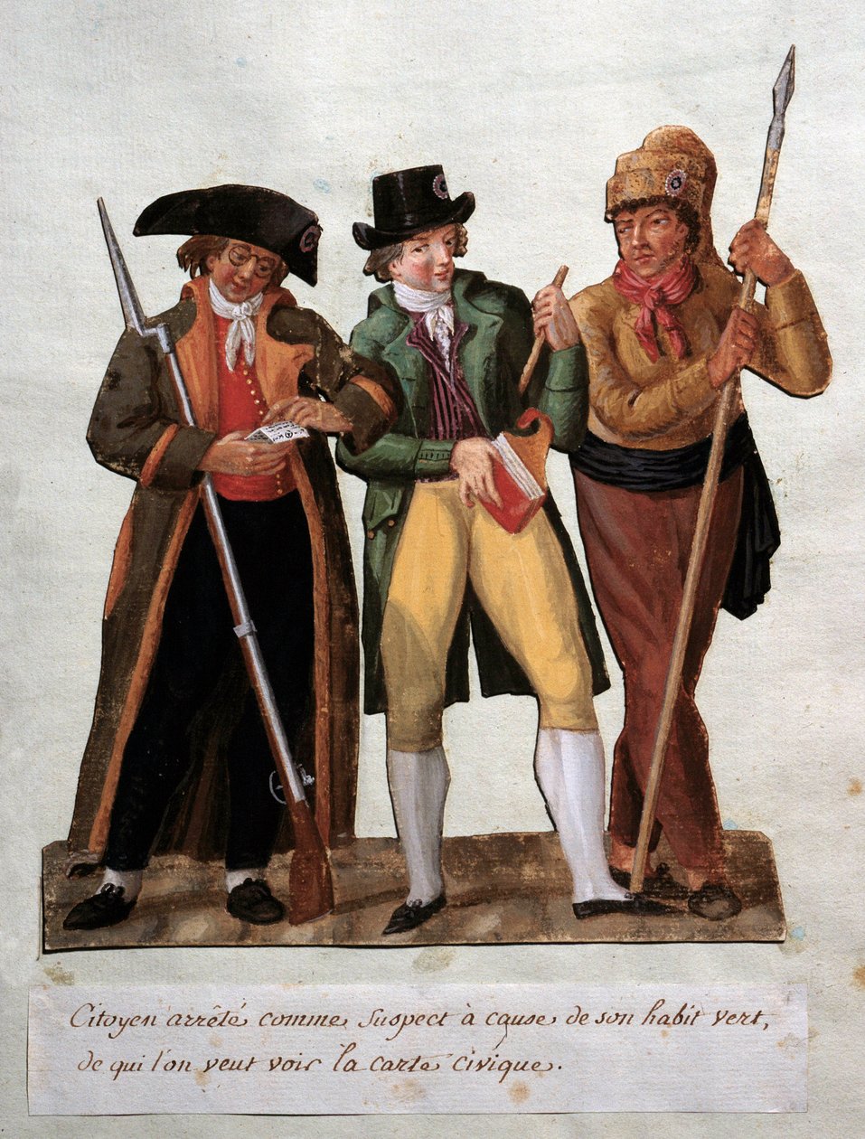 Französische Revolution: „Verdächtiger Bürger wegen seines grünen Habits verhaftet“ Gouache der Brüder Lesueur (18. Jahrhundert). Musée Carnavalet, Paris von Lesueur Brothers