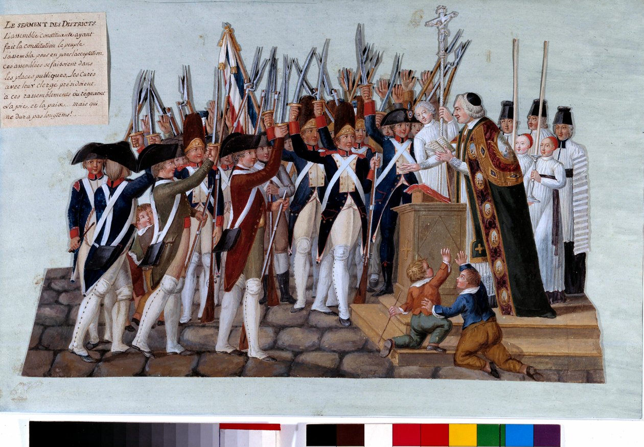 Französische Revolution: der Eid der Bezirke. Nach der Verkündung der Verfassung versammelte sich das Volk auf den öffentlichen Plätzen, die Priester leiteten die Versammlungen. Gouache der Brüder Lesueur (18. Jahrhundert). 1789. Paris, Musée Carnavalet von Lesueur Brothers