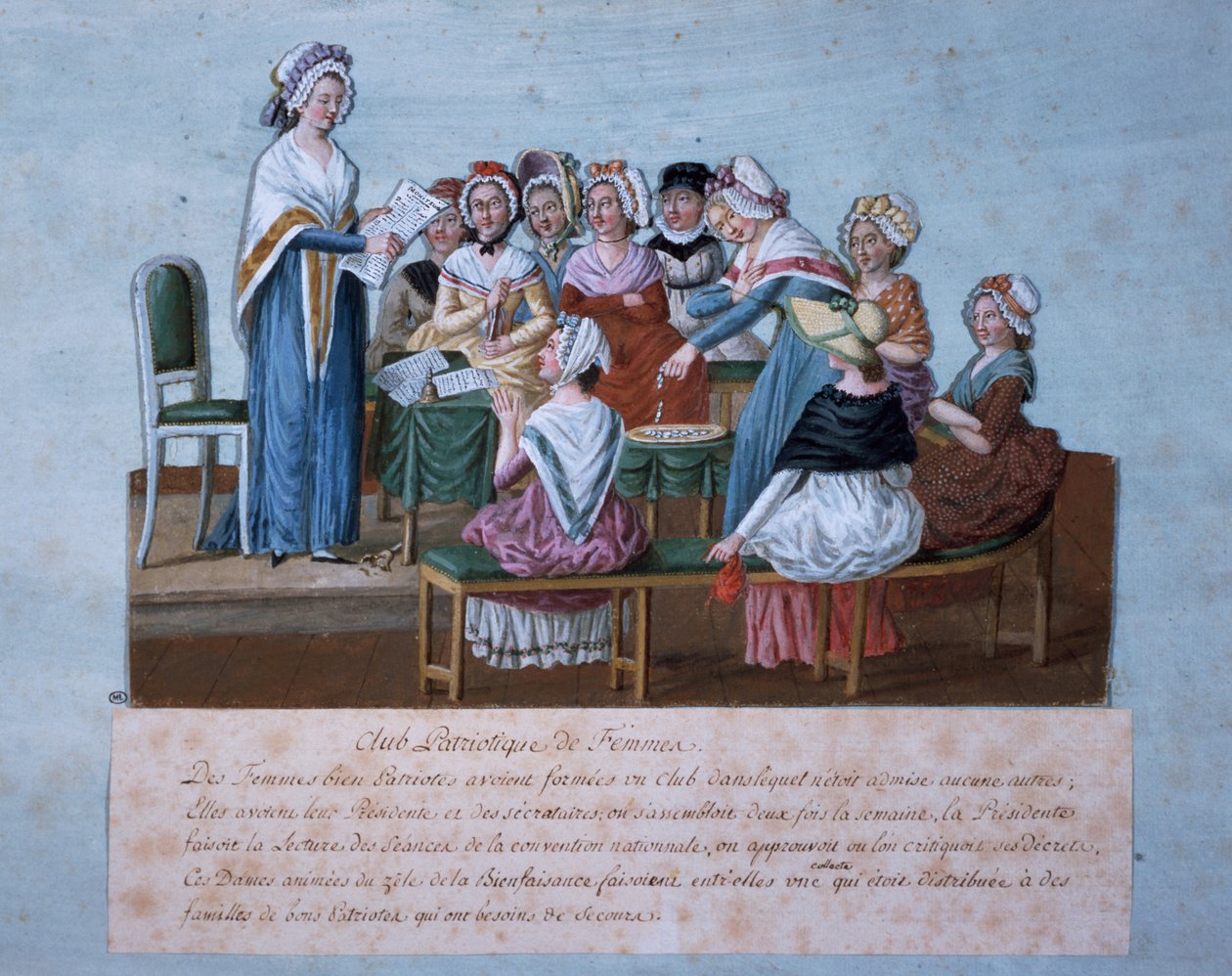 Treffen des patriotischen Frauenclubs, von Jean-Baptiste Lesueur, kolorierter Druck, Frankreich, Französische Revolution von Lesueur Brothers