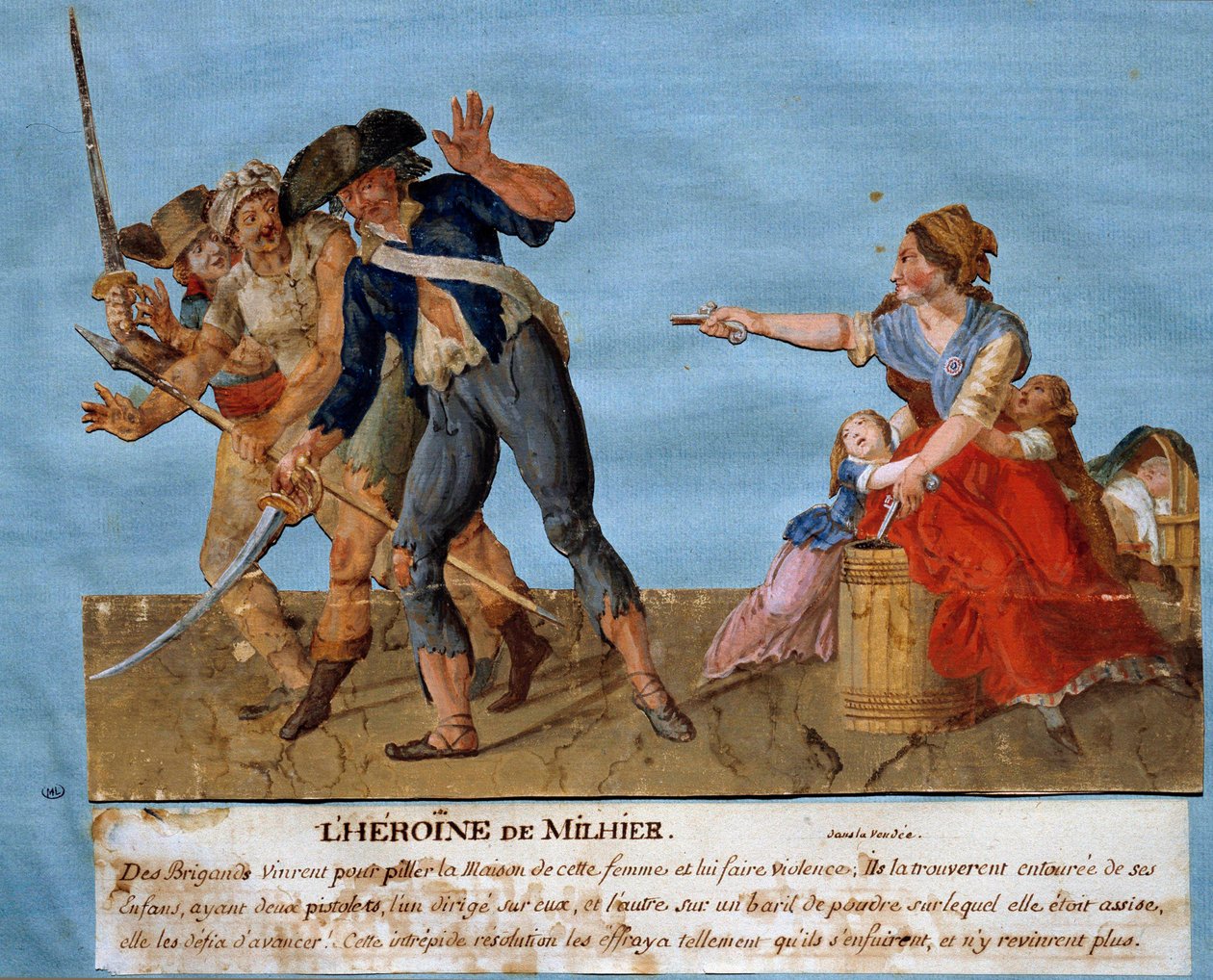 Krieg der Vendée: Die Heldin von Milhier. Eine junge Frau droht zwei Plünderern, ein Pulverfass in die Luft zu sprengen, wenn sie es wagen, sich zu nähern. Gouache der Brüder Lesueur (18. Jahrhundert) von Lesueur Brothers