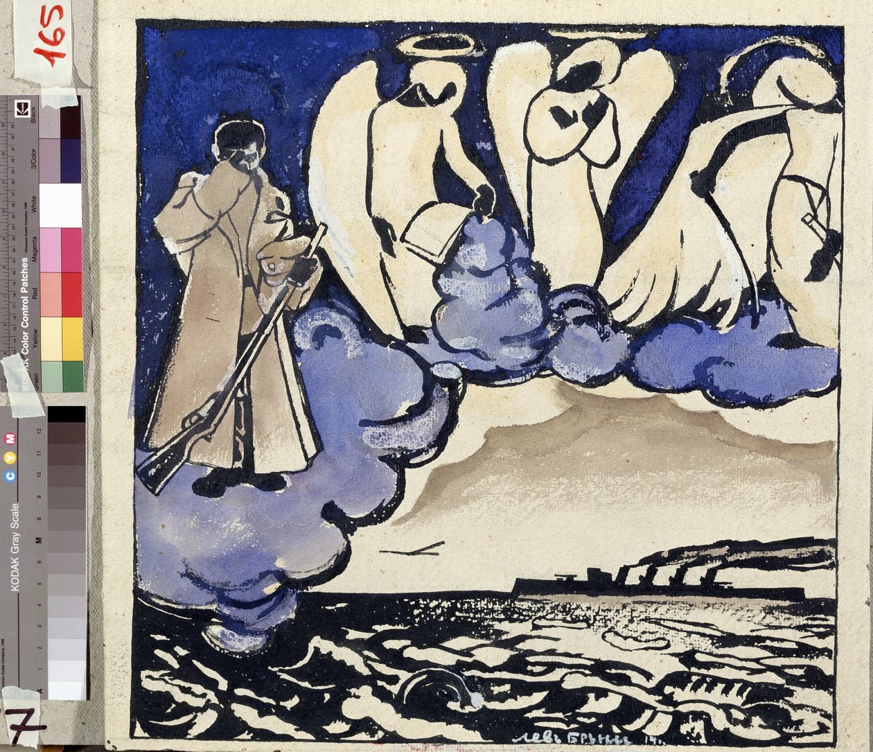 Der Krieg. Russland. 1914. Allegorie des Ersten Weltkriegs. Ein Soldat und Engel. Feder und Gouache von Lew Bruni (1894-1948) von Lev Aleksandrovitc Bruni