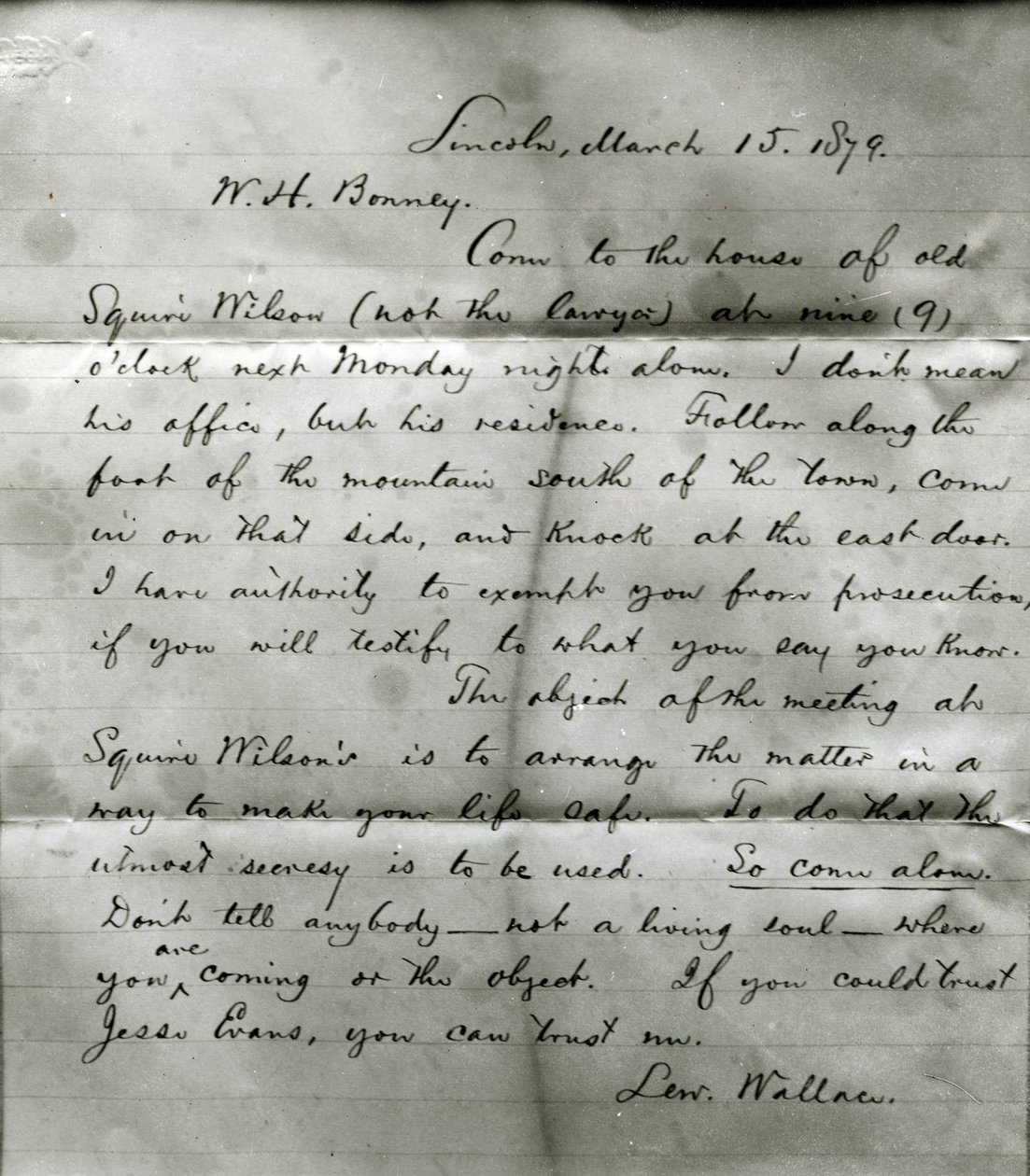 Brief von Lew Wallace an W. H. Bonney (1860-81) 15. März 1879 von Lew Wallace