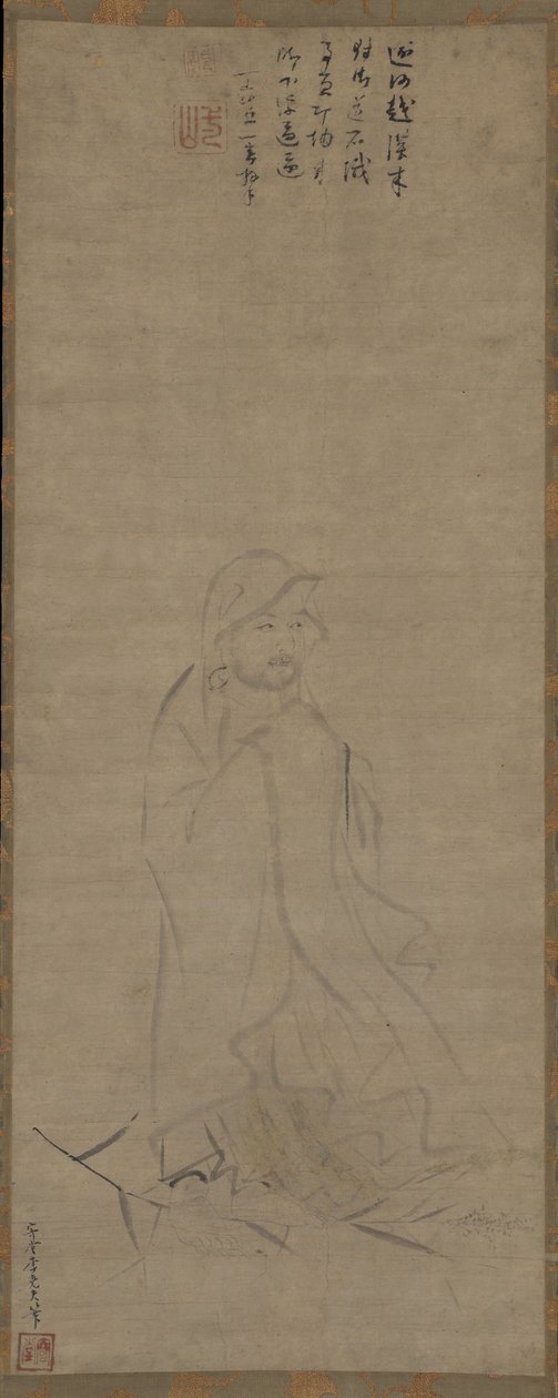 Bodhidharma überquert den Yangzi-Fluss auf einem Schilfrohr, vor 1317 von Li Yaofu