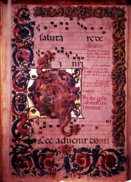 Seite mit Musik und einer verzierten Initiale G, die die Anbetung der Heiligen Drei Könige darstellt, aus einem Antiphonar, ca. 1473-79 von Liberale da Verona