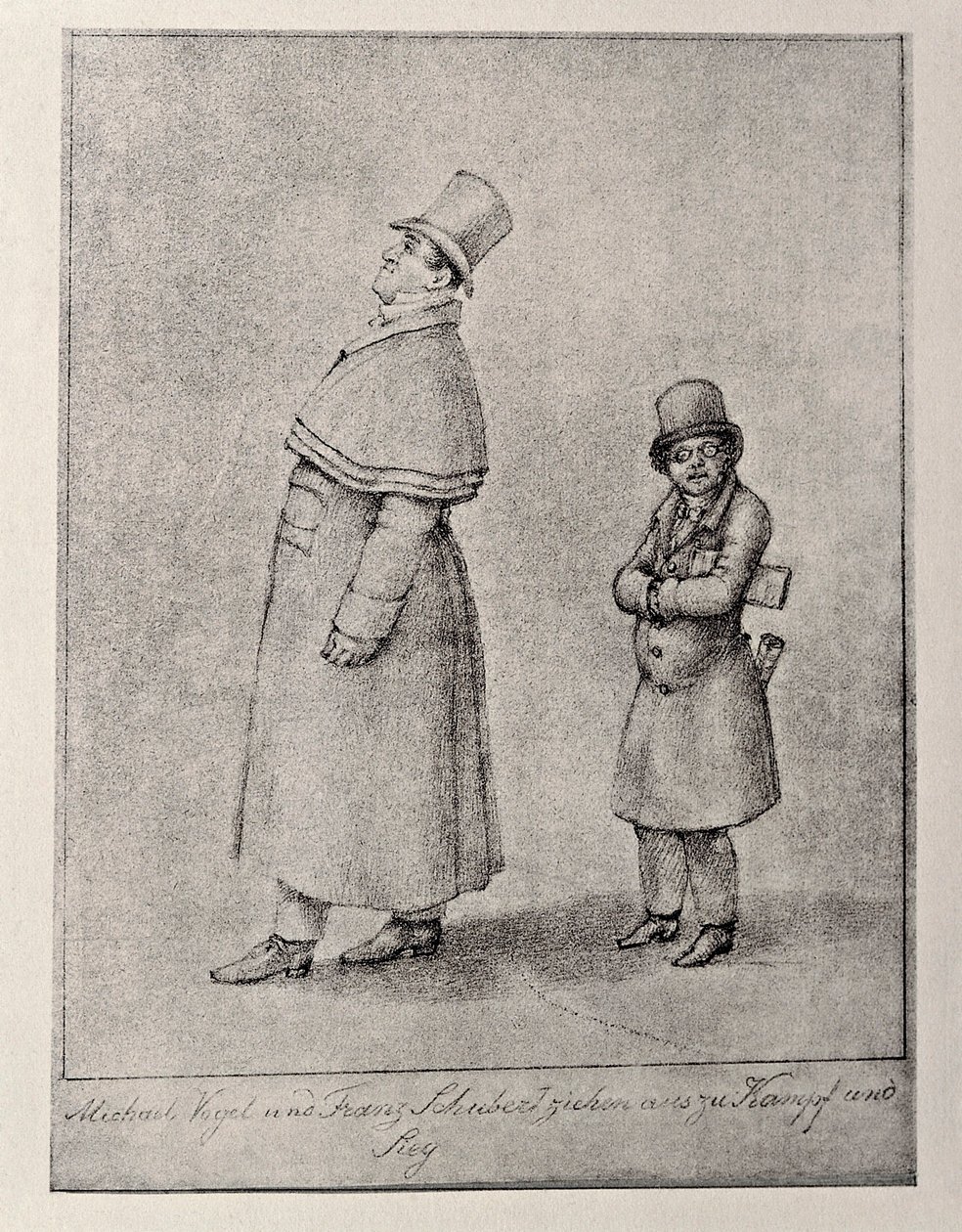 Österreich, Wien, Karikatur des österreichischen Baritonsängers Johann Michael Vogl und des Komponisten Franz Peter Schubert, um 1825, Bleistiftzeichnung von Unbekannt Unbekannt
