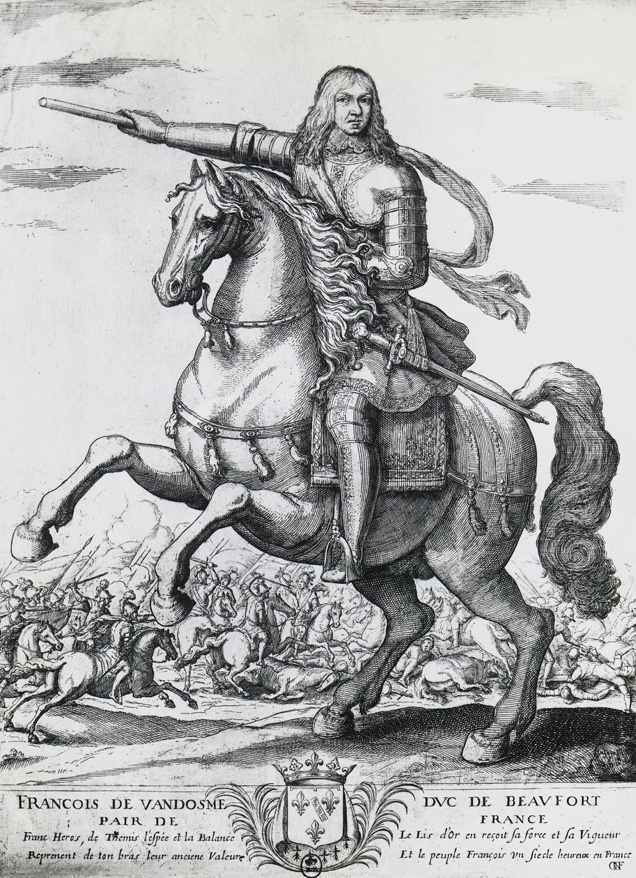 Reiterporträt von Franz von Bourbon-Vendome (1616-1669), zweiter Herzog von Beaufort und französischer General, Gravur von Nicolas de La Fage (1600?-1655) von Unbekannt Unbekannt