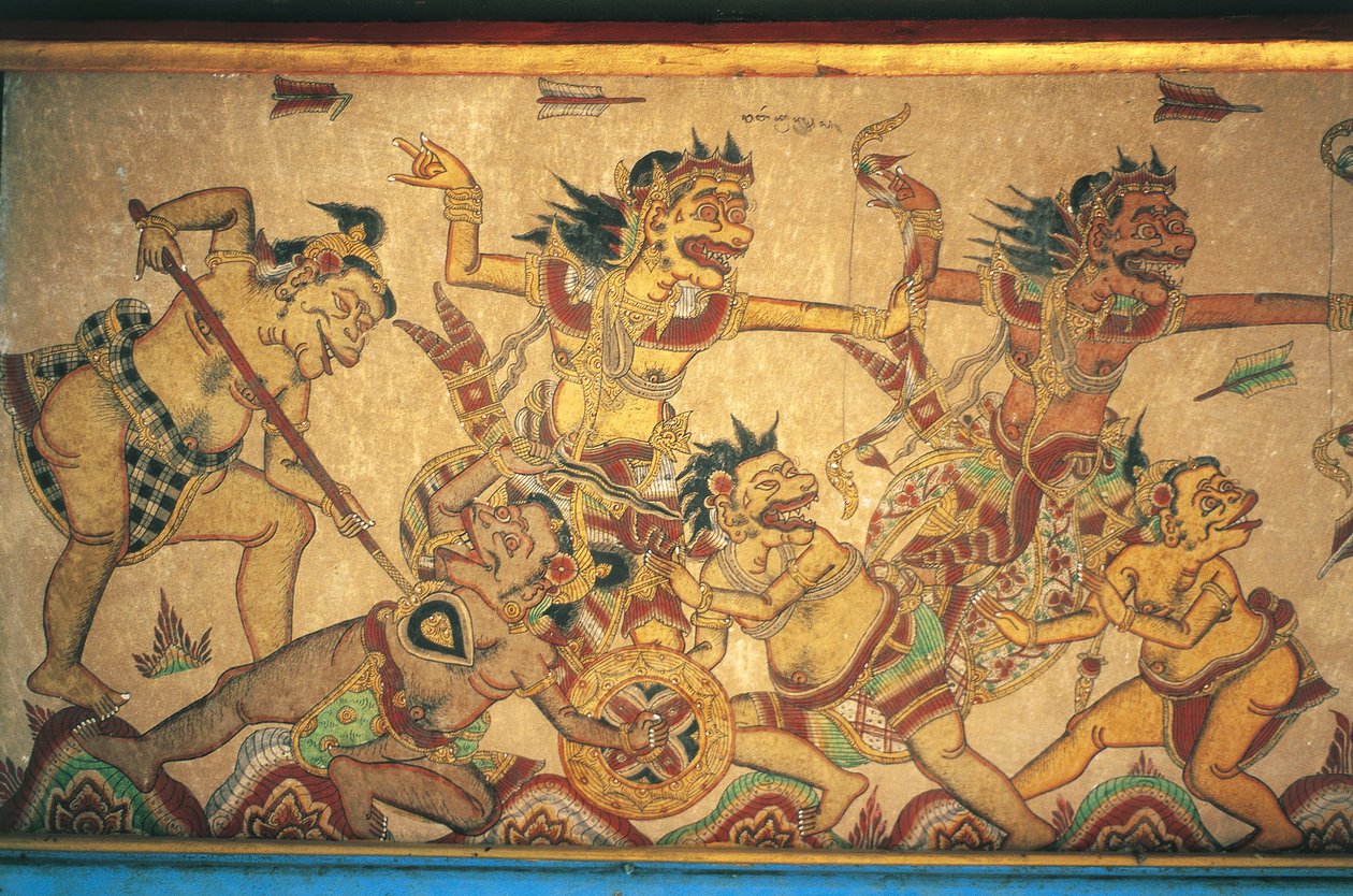 Fresken, die Szenen von Kämpfen zwischen Göttern und Dämonen darstellen, Kertha Gosa Pavillon, Klungkung Palast (Puri Agung Semarapura), Semarapura, Bali, Indonesien von Unbekannt Unbekannt