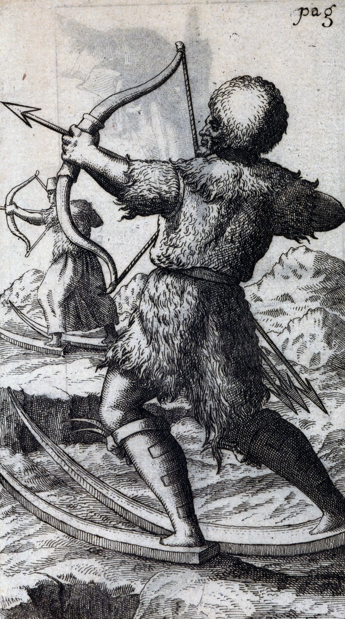 Jäger mit Bogen und Pfeil auf kurzen Skiern, Illustration aus De Calceo Antiquo, von B Balduinus von Unbekannt Unbekannt